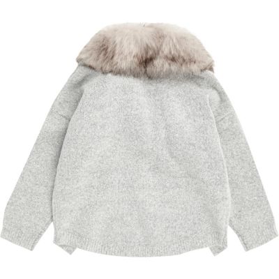 Mini girls grey knit faux fur trim cardigan